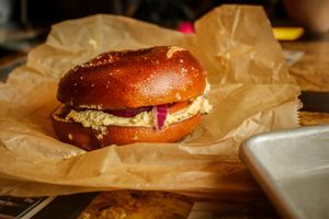 pretzel bagel with hummus at Deig Bakery in Reykjavik