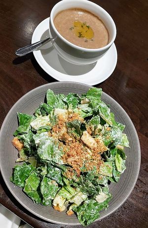 Incredible mushroom bisque & Caesar salad at Harvest Seasonal Grill & Wine Bar in Newtown