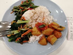 Rice with 3 dishes. $3.80. at e Veg 益素食 - NorthPoint           in North Singapore