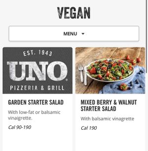 Vegan menu offerings  at UNO Pizzeria in Conshohocken