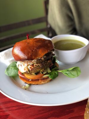 Veggie burger and soup  at Green Peas in Culver City
