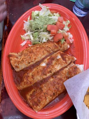 3 bean burritos with guacamole salad  at El Cazador in Carolina Beach