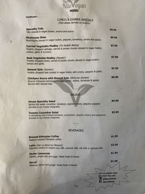 Menu side 1 at Nile Vegan in Columbus