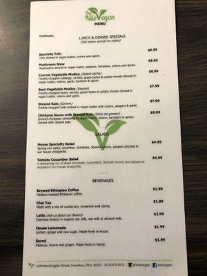 Menu at Nile Vegan in Columbus