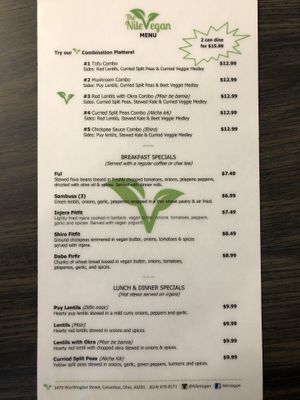 Menu at Nile Vegan in Columbus