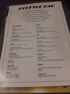 Drink menu at Song of Travel Hostel in Nyaungshwe