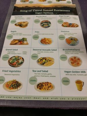 Vegan menu at Song of Travel Hostel in Nyaungshwe