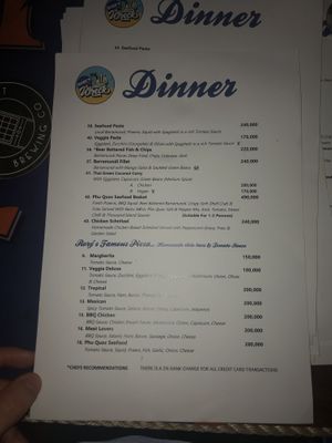 Dinner menu fist page, Vegan label: V at Rory's Beach Bar in Phu Quoc