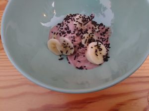 The desert: ice-cream with banana.  at Albergue el Tulipán de Salas in Salas