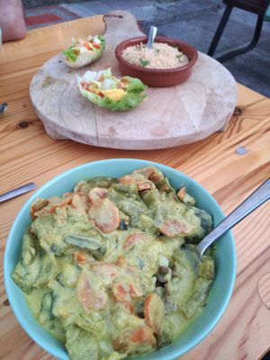 The main dish: green curry with rice and lentils with pine seeds and a salad.  at Albergue el Tulipán de Salas in Salas