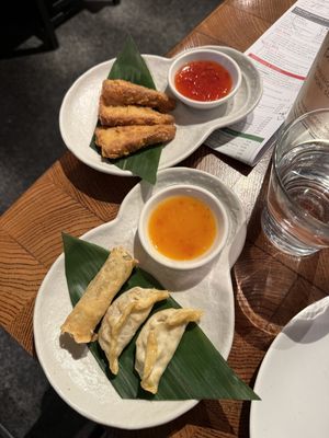 Crispy tofu (top) and vegetable spring roll & crispy tofu gyoza (bottom; part of the Vegan set)  at Ping Pong Dim Sum in London