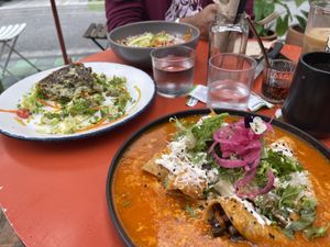 Enchiladas and quiche  at Vegamo Deli in Mexico City