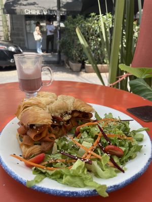 Breakfast croissant and bloody chai  at Vegamo Deli in Mexico City
