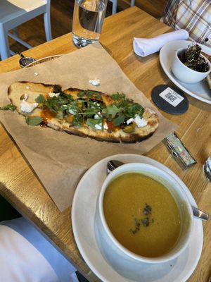 Butternut squash soup and vegan flatbread   at True Food Kitchen in Nashville