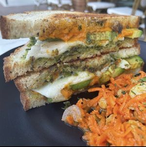 Grilled cheese with pesto and avocado at Rebel Cheese in Austin