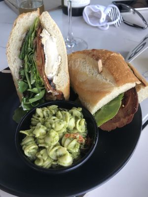 Bacun Brie with pesto pasta  at Rebel Cheese in Austin