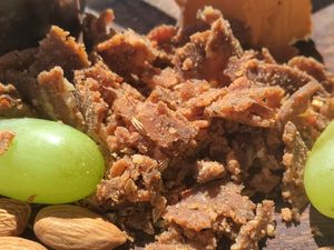 The crumbly vegan meat on the charcuterie board at Rebel Cheese in Austin