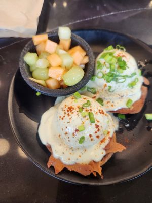 Eggs benedict with v ham for brunch at Rebel Cheese in Austin
