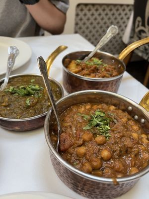 The back two dishes are Saag Aloo & vegan chicken Taka Tak /  The front dish is Channa Masala  at Namaste in Dover