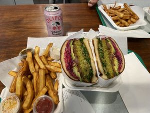 Kale burger and sweet potato fries at Fala Bar in Santa Barbara