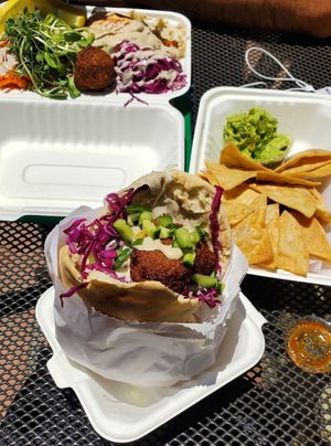 Falafel pita, chips n guac, kale salad at Fala Bar in Santa Barbara