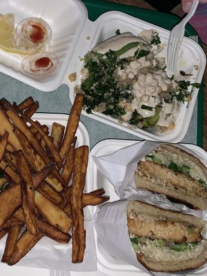 Sweet potato fries, sweet potato falafel, cold brussel sprouts salad side    at Fala Bar in Santa Barbara