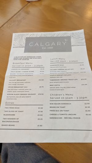 Menu - breakfast and main, alongside specials at Calgary Art Cafe in Isle Of Mull