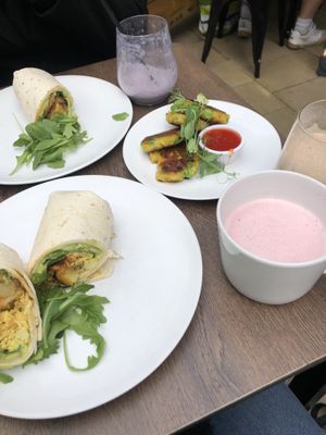 breakfast burritos and plantain fritters at Vegivores in Reading