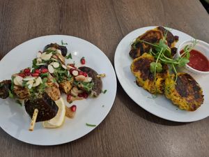 Aubergine kebab and plantain fritters  at Vegivores in Reading