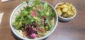 Nourish bowl and hashed potatoes. Delicious! #Veganuary at Vegivores in Reading