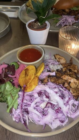Jerk bowl- jerk jack fruit, slaw, plantain, rice, chilly jam & salad.   at Vegivores in Reading
