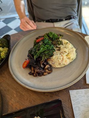 Bulgogi mushrooms with cold Korean potato salad at Vegivores in Reading