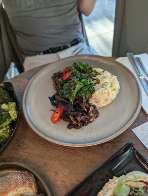 Bulgogi mushrooms with cold Korean potato salad at Vegivores in Reading