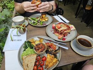 Breakfast, pancakes and burger. at Vegivores in Reading