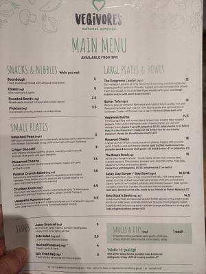 Main menu at Vegivores in Reading