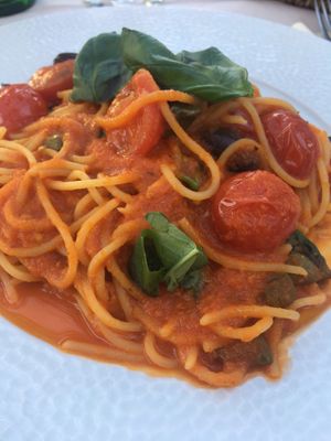 Pasta Puttanesca (with olives and capers) at Da Noi in Seeshaupt