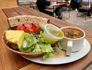 Half soup/salad combo with minestrone soup, vinaigrette and rye bread   at Mezzo in Berkeley
