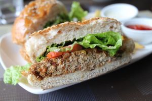 The delicious walnut tofu burger! at Corner Tree Cafe in Makati