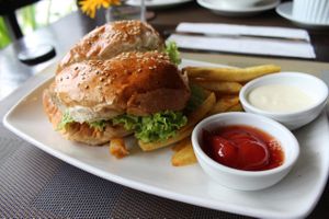 walnut tofu burger with sweet potato fries. at Corner Tree Cafe in Makati