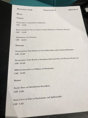 Menu  at Verde in Basel