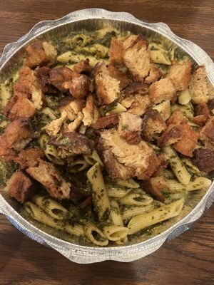 Penne pasta with vegan pesto and fried chickn (note: we let our food sit while doing other things so the pictures are not taken at its freshest)  at Pasquale's Pizzeria III in Middletown
