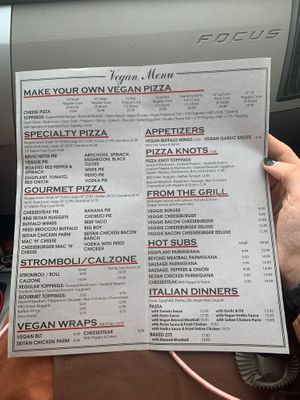 Vegan menu as of Feb 2026  at Pasquale's Pizzeria III in Middletown