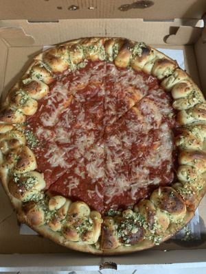 Vegan cheese pizza (light cheese) on garlic knot crust at Pasquale's Pizzeria III in Middletown