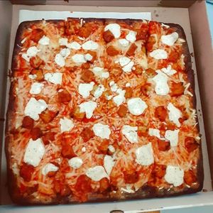 Buffalo tempeh sicilian at Pasquale's Pizzeria III in Middletown