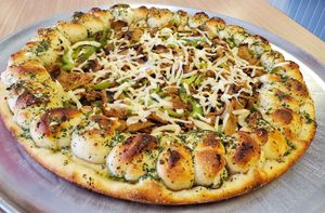 Vegan Cheesesteak Pizza on Garlic Knot Crust at Pasquale's Pizzeria III in Middletown