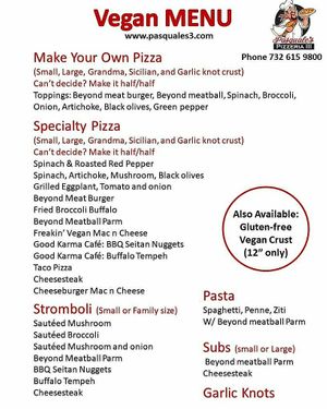 Vegan Menu at Pasquale's Pizzeria III in Middletown