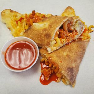 Vegan Mac n Cheese with Buffalo Tempeh Stromboli at Pasquale's Pizzeria III in Middletown