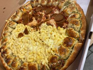 Top view of large vegan pie with Freakin vegan mac at Pasquale's Pizzeria III in Middletown