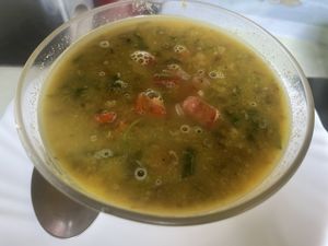 Hearty vegetable soup  at Aum Cafe in Varanasi