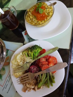 kicharee and steamed seasonal veggies at Aum Cafe in Varanasi